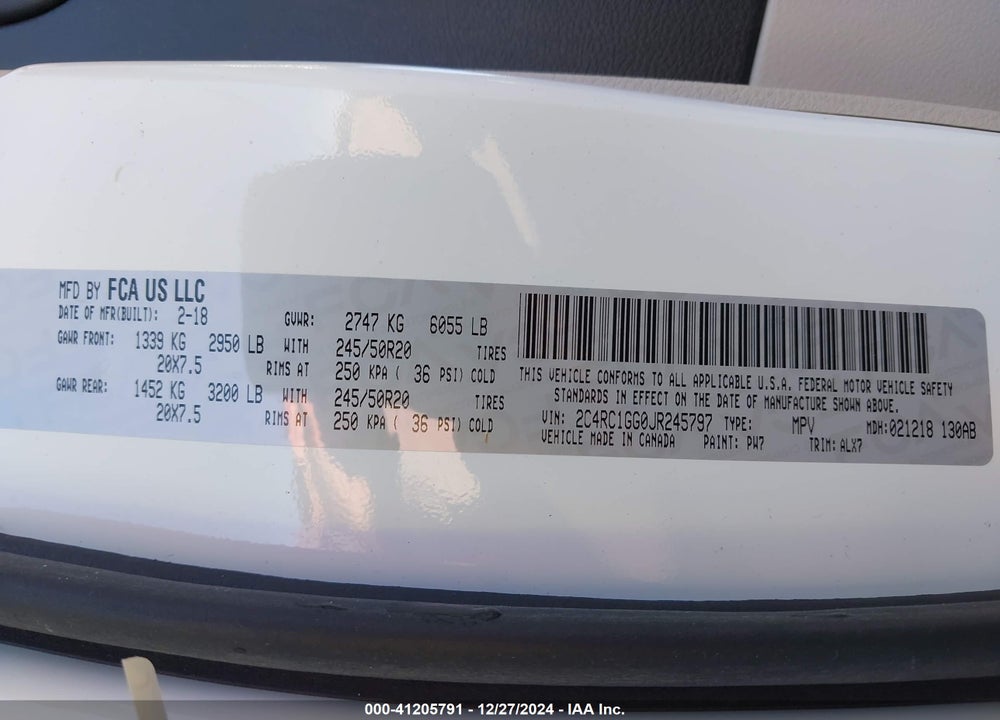 2018 CHRYSLER PACIFICA LIMITED VIN: 2C4RC1GG0JR245797