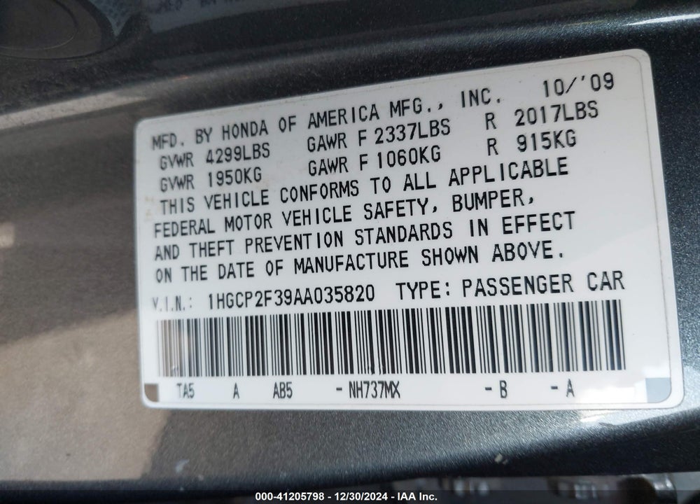 2010 HONDA ACCORD 2.4 LX VIN: 1HGCP2F39AA035820