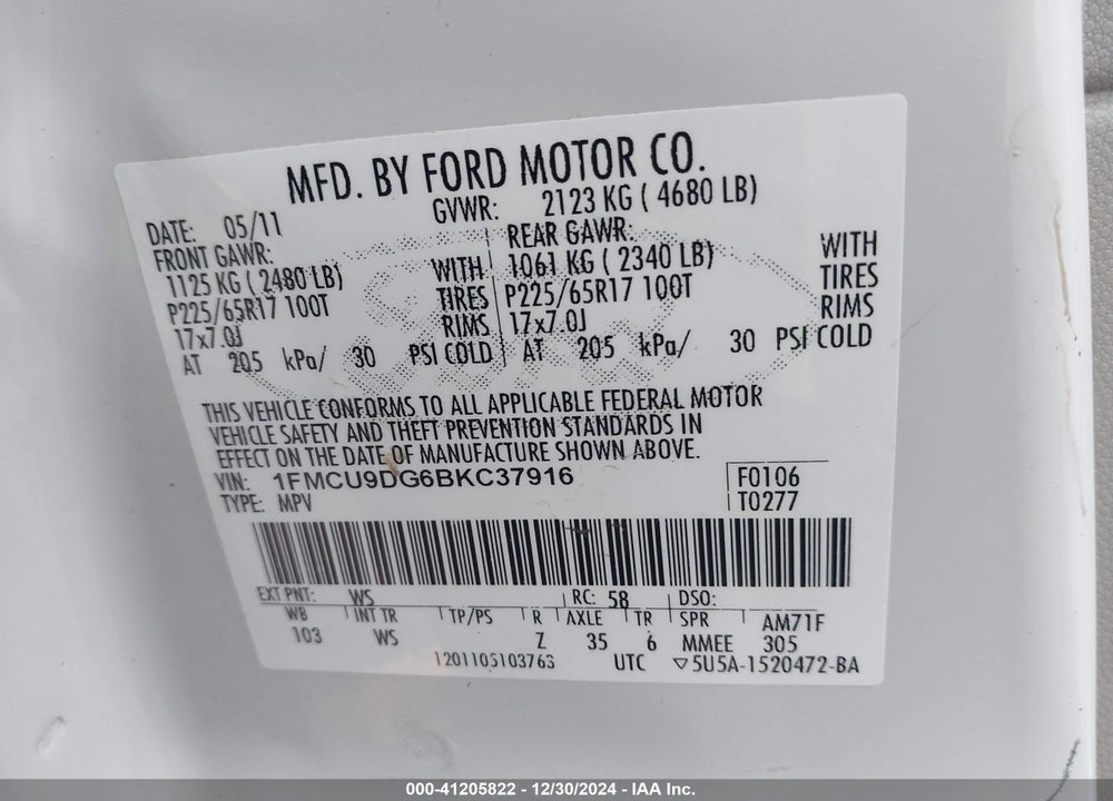 2011 FORD ESCAPE VIN: 1FMCU9DG6BKC37916