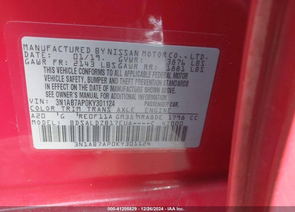 2019 NISSAN SENTRA SV VIN: 3N1AB7AP0KY301124
