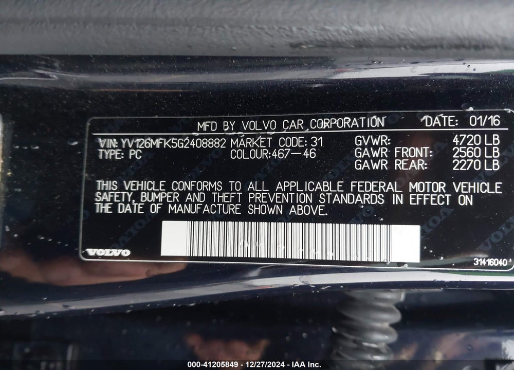 2016 VOLVO S60 T5 DRIVE-E PREMIER VIN: YV126MFK5G2408882