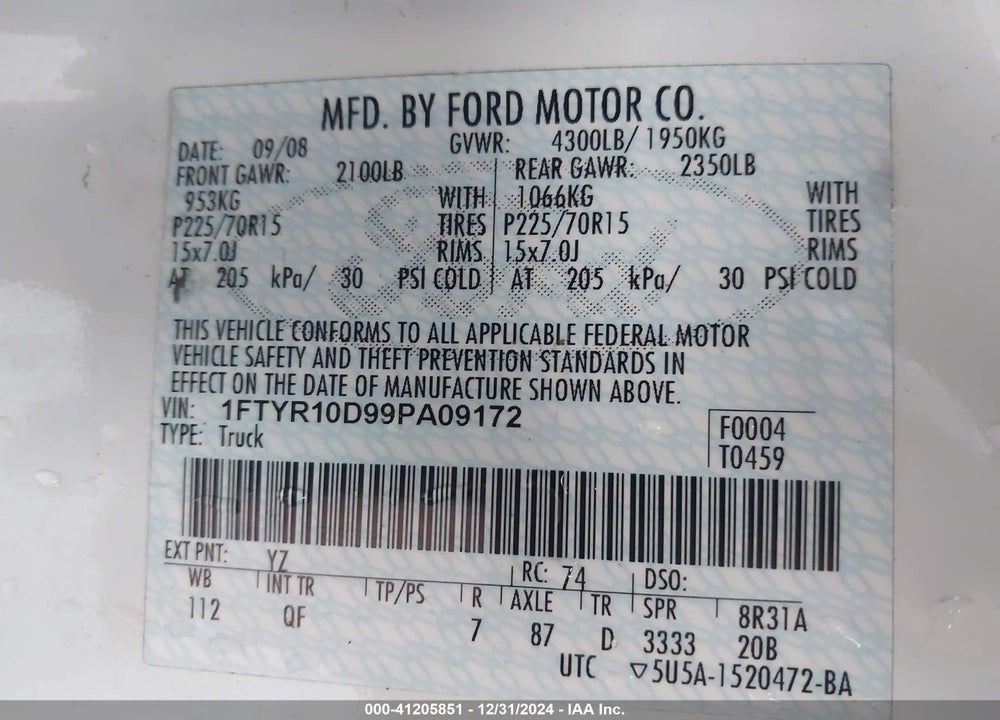 2009 FORD RANGER SPORT/XL/XLT VIN: 1FTYR10D99PA09172
