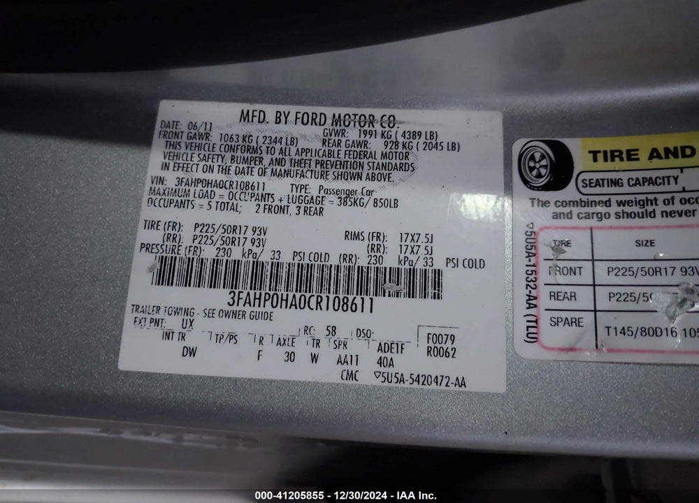 2012 FORD FUSION VIN: 3FAHP0HA0CR108611