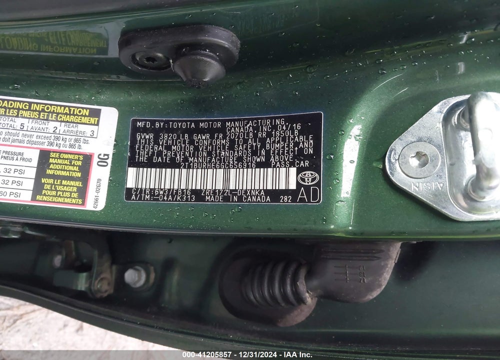 2016 TOYOTA COROLLA LE VIN: 2T1BURHE6GC656916