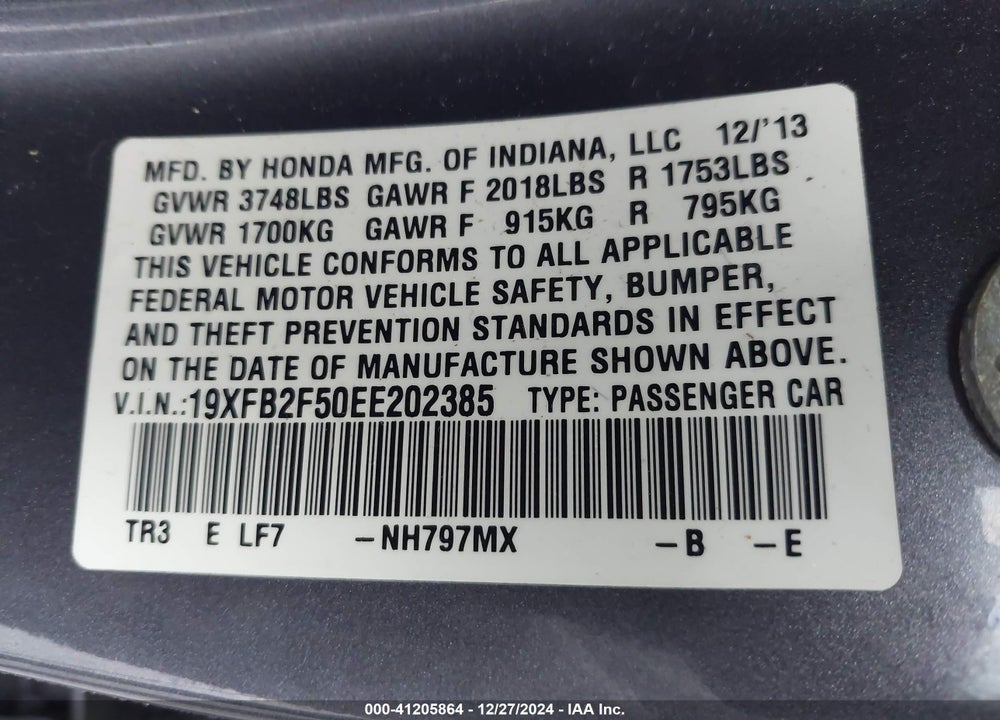 2014 HONDA CIVIC VIN: 19XFB2F50EE202385
