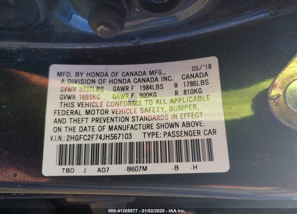 2018 HONDA CIVIC VIN: 2HGFC2F74JH567103