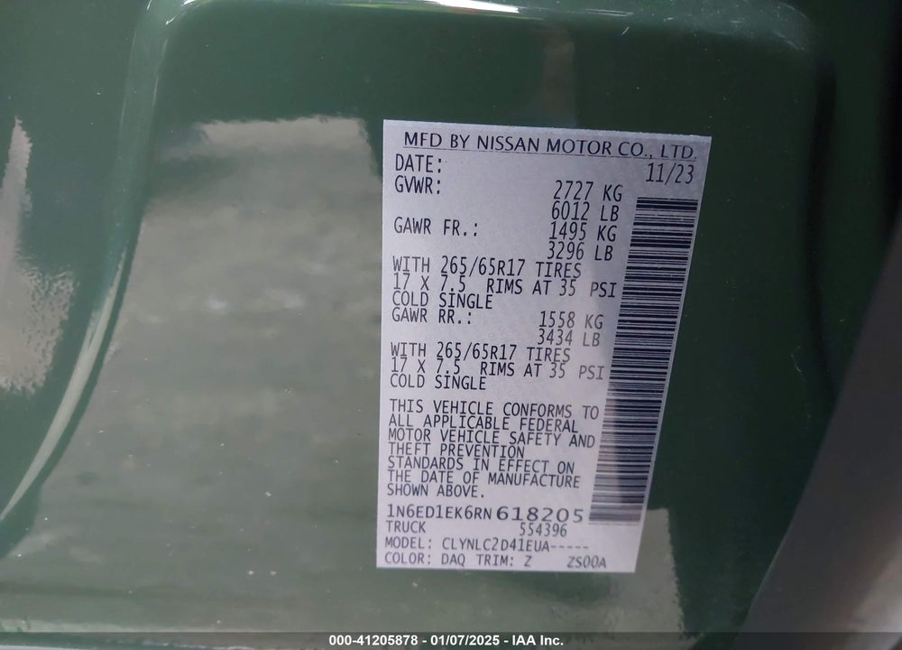 2024 NISSAN FRONTIER VIN: 1N6ED1EK6RN618205