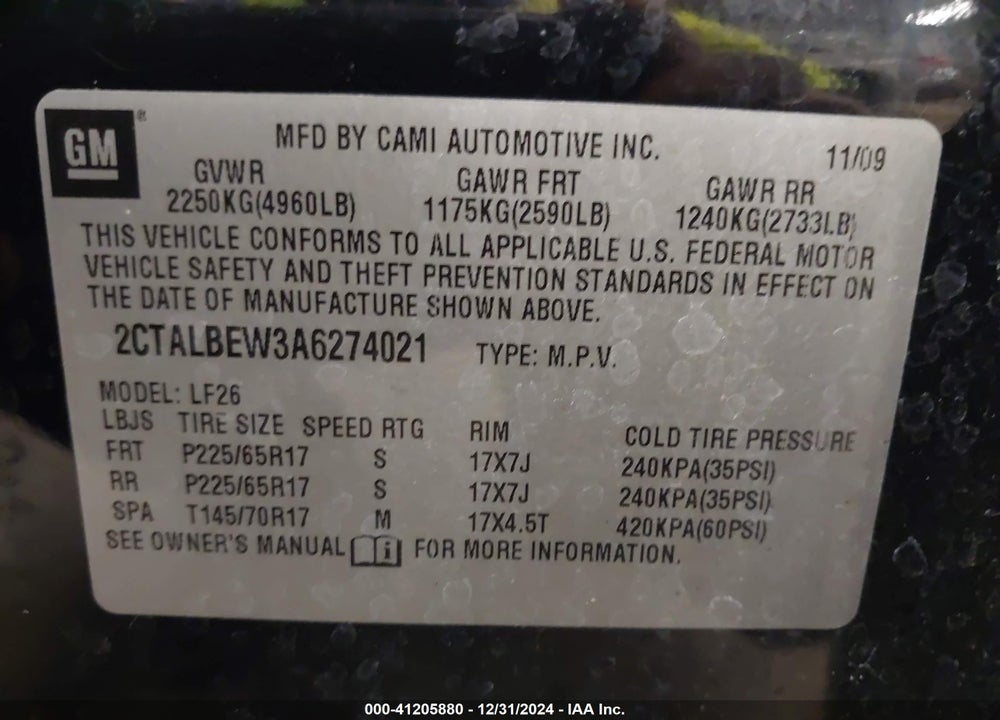 2010 GMC TERRAIN SLE-1 VIN: 2CTALBEW3A6274021