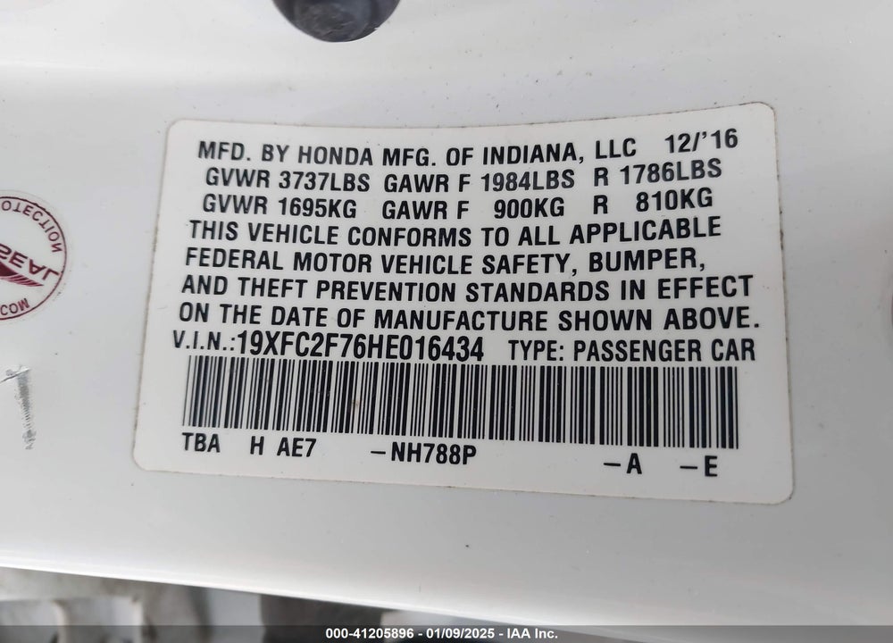 2017 HONDA CIVIC EX VIN: 19XFC2F76HE016434
