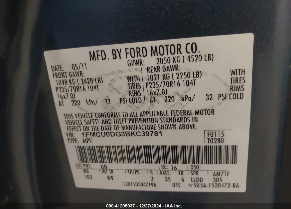2011 FORD ESCAPE XLT VIN: 1FMCU0DG3BKC39781