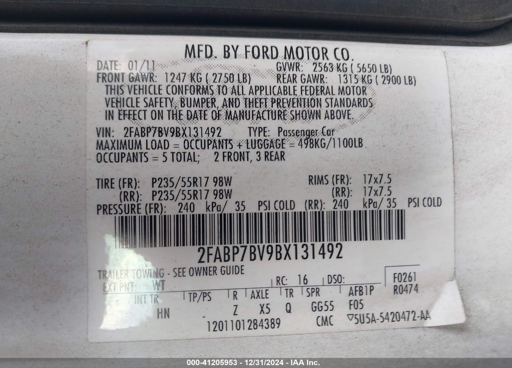 2011 FORD CROWN VICTORIA VIN: 2FABP7BV9BX131492
