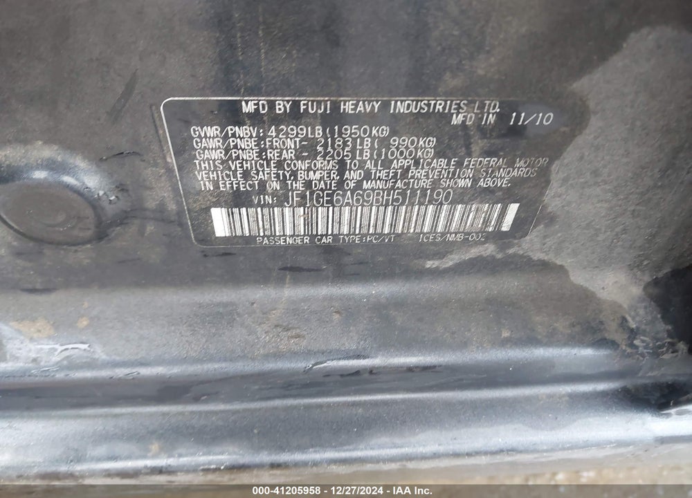 2011 SUBARU IMPREZA VIN: JF1GE6A69BH511190