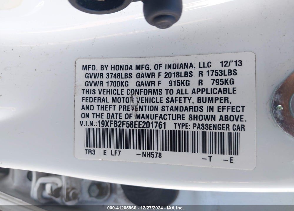 2014 HONDA CIVIC VIN: 19XFB2F58EE201761