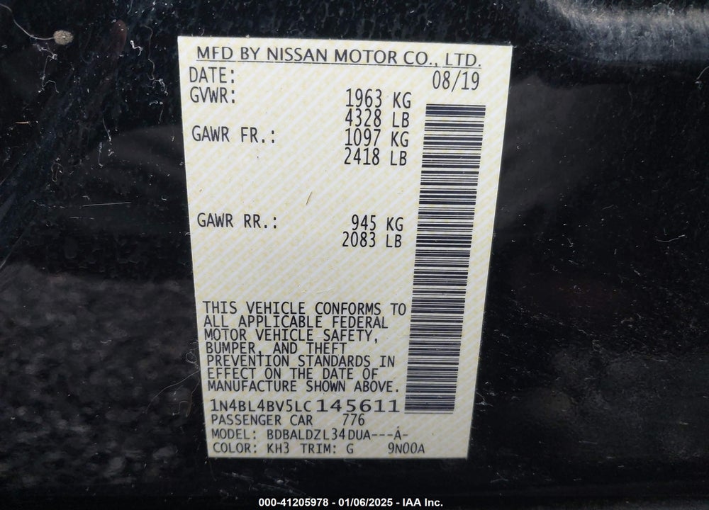 2020 NISSAN ALTIMA S FWD VIN: 1N4BL4BV5LC145611
