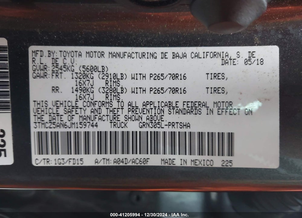 2018 TOYOTA TACOMA TRD OFF ROAD VIN: 3TMCZ5AN6JM159744