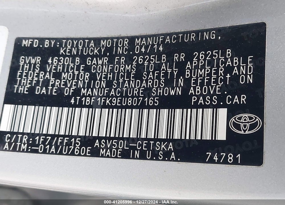 2014 TOYOTA CAMRY SE VIN: 4T1BF1FK9EU807165
