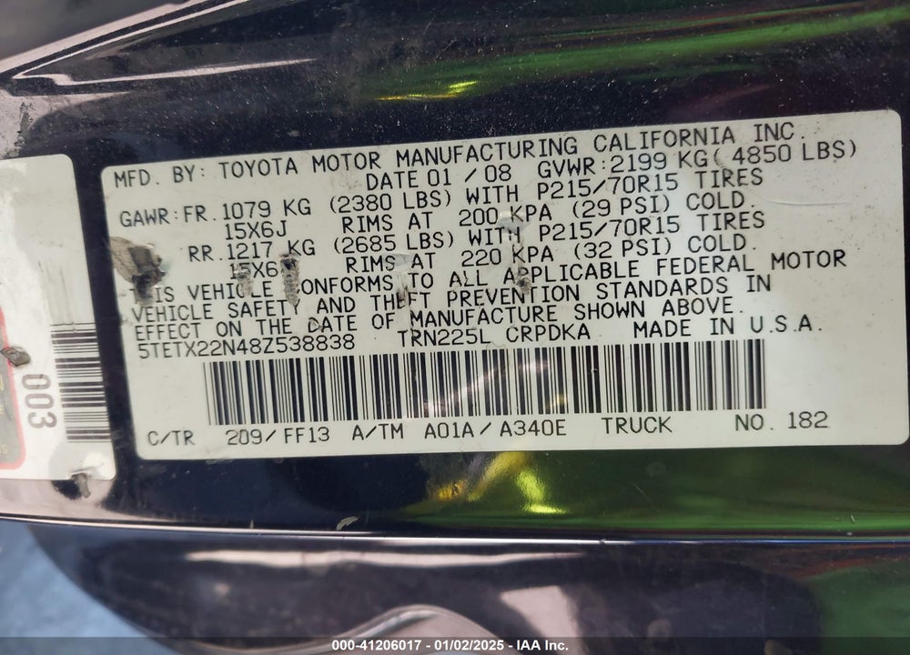 2008 TOYOTA TACOMA VIN: 5TETX22N48Z538838