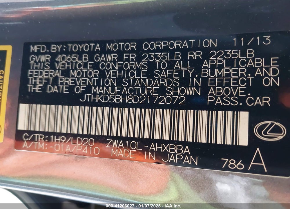 2013 LEXUS CT 200H VIN: JTHKD5BH8D2172072
