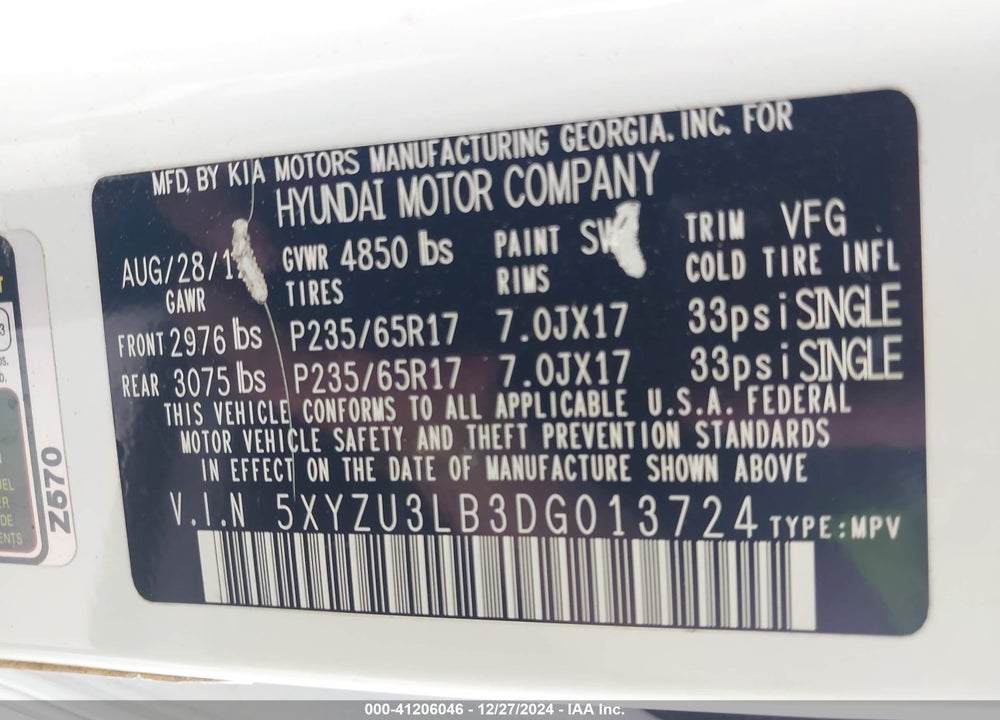 2013 HYUNDAI SANTA FE SPORT VIN: 5XYZU3LB3DG013724
