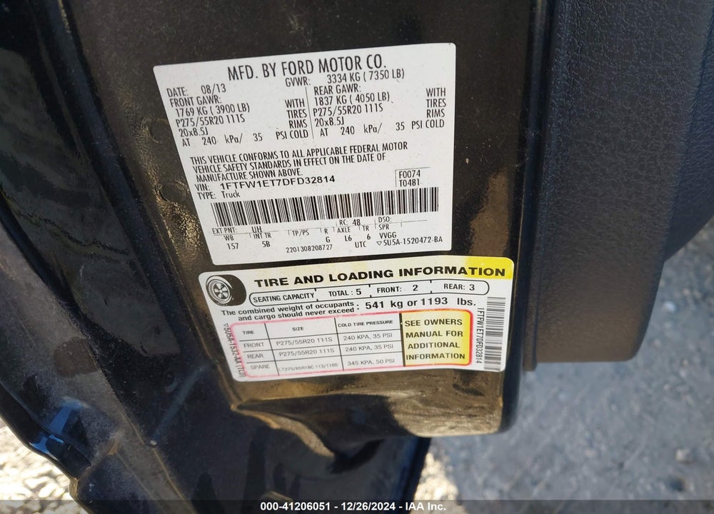 2013 FORD F-150 FX4 VIN: 1FTFW1ET7DFD32814