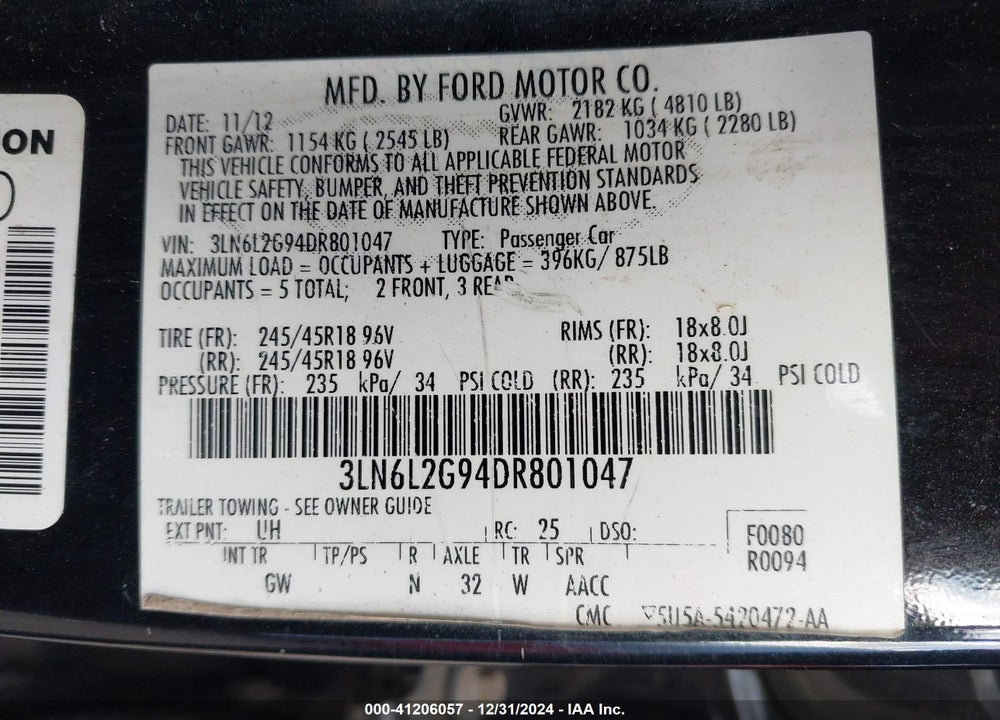 2013 LINCOLN MKZ VIN: 3LN6L2G94DR801047