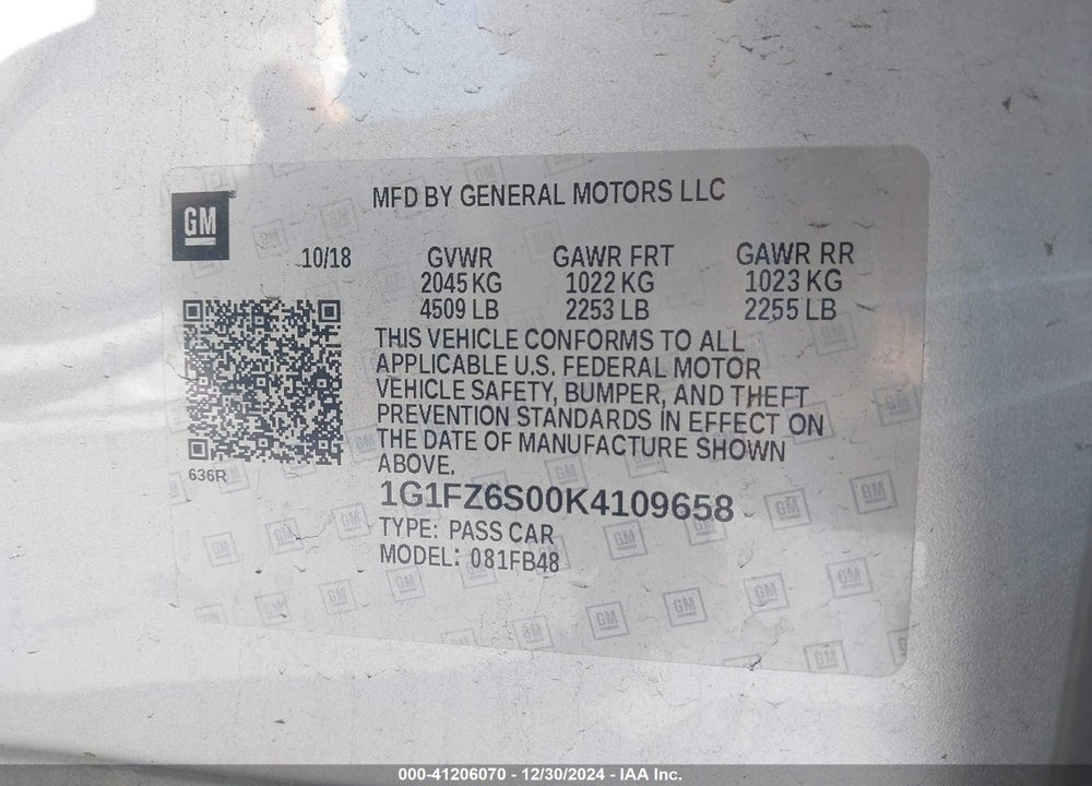 2019 CHEVROLET BOLT EV PREMIER VIN: 1G1FZ6S00K4109658