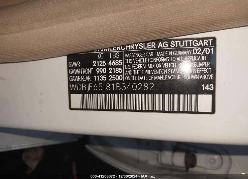 2001 MERCEDES-BENZ E 320 VIN: WDBJF65J81B340282