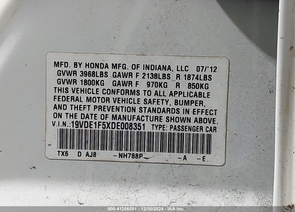 2013 ACURA ILX 2.0L VIN: 19VDE1F5XDE008351