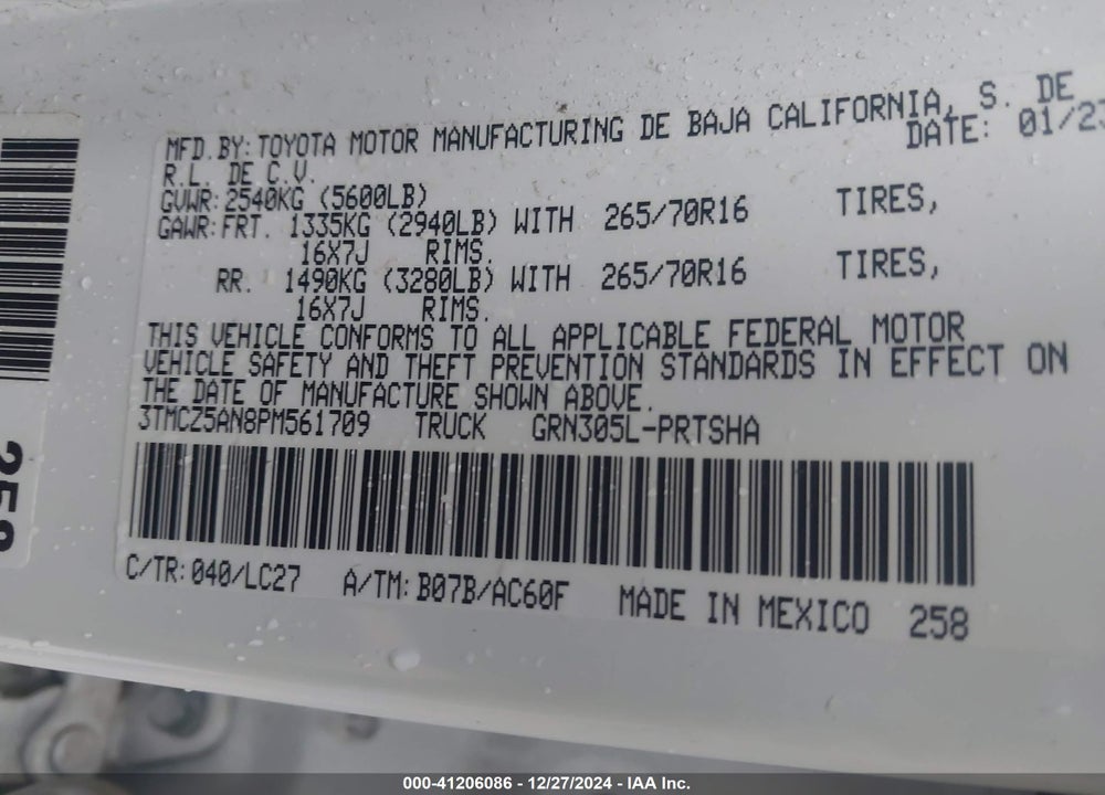 2023 TOYOTA TACOMA VIN: 3TMCZ5AN8PM561709