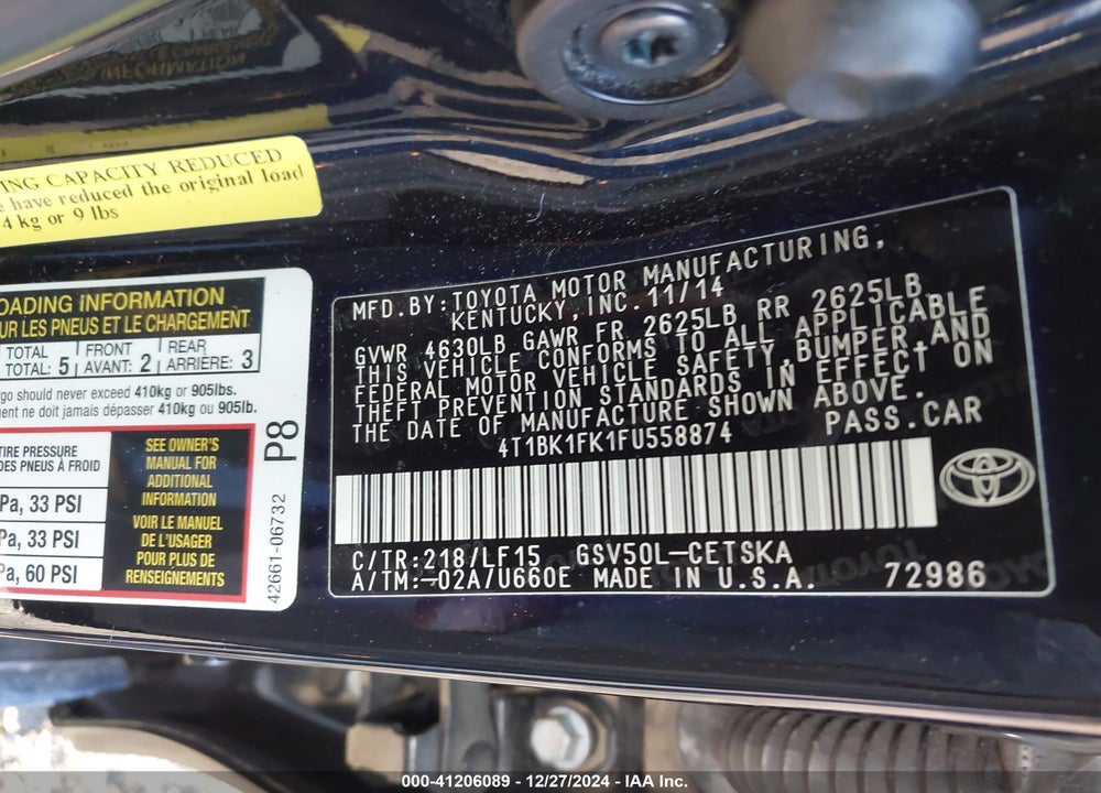 2015 TOYOTA CAMRY VIN: 4T1BK1FK1FU558874