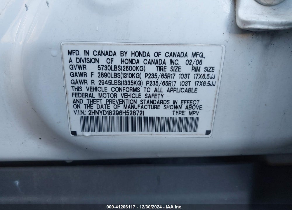 2006 ACURA MDX VIN: 2HNYD18296H528721