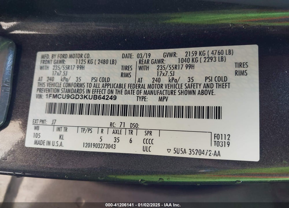 2019 FORD ESCAPE SE VIN: 1FMCU9GD3KUB64249