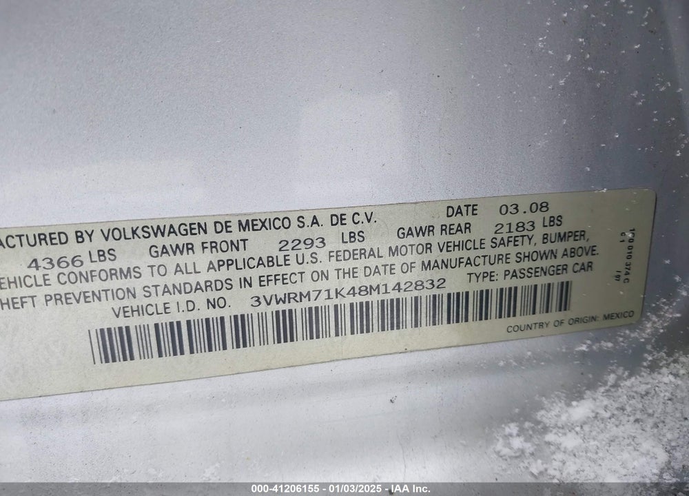 2008 VOLKSWAGEN JETTA SE/SEL VIN: 3VWRM71K48M142832