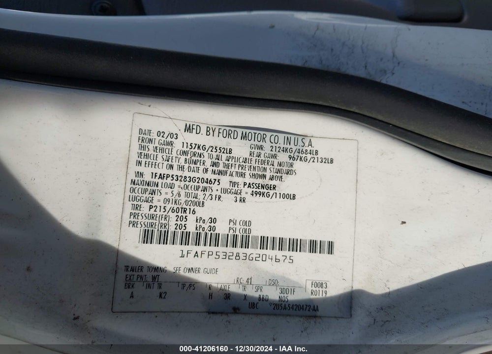 2003 FORD TAURUS SE VIN: 1FAFP53283G204675