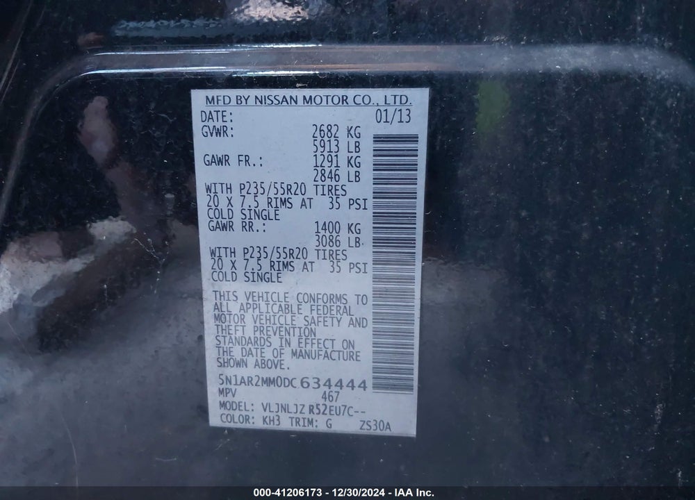 2013 NISSAN PATHFINDER PLATINUM VIN: 5N1AR2MM0DC634444