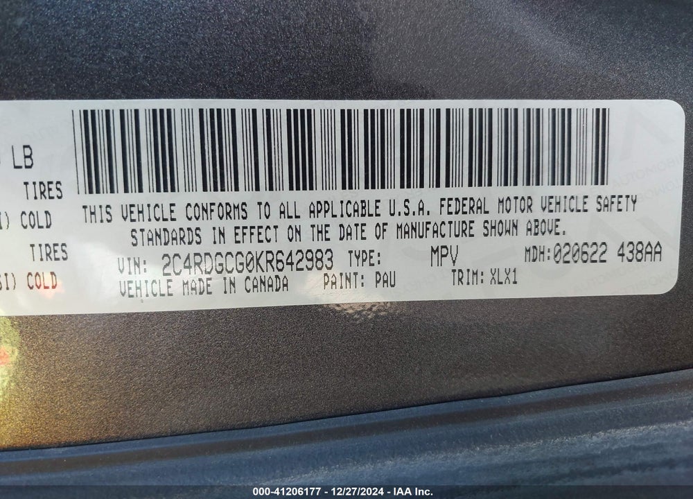 2019 DODGE GRAND CARAVAN SXT VIN: 2C4RDGCG0KR642983