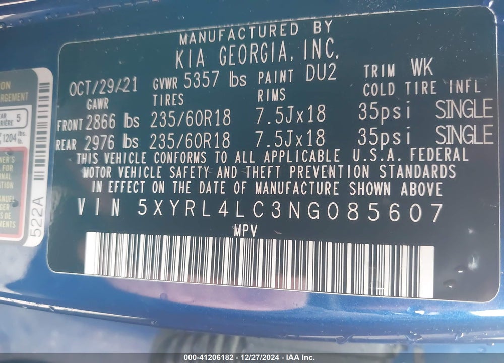 2022 KIA SORENTO S VIN: 5XYRL4LC3NG085607