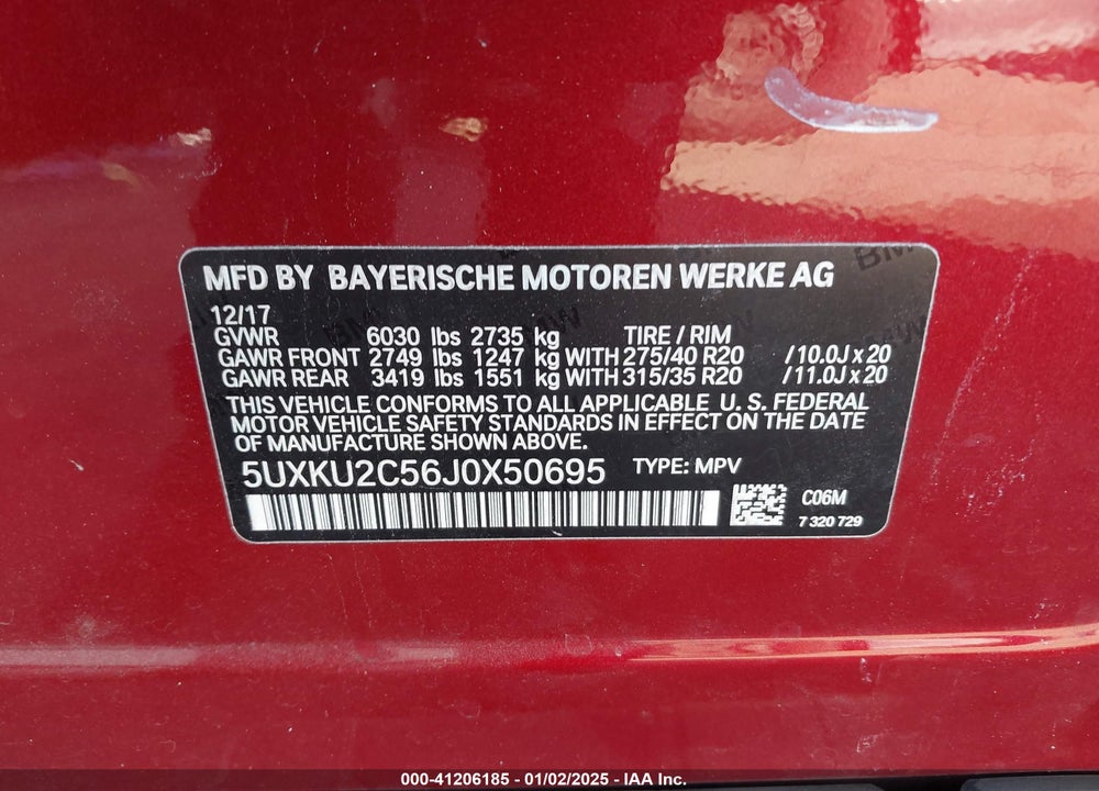 2018 BMW X6 XDRIVE35I VIN: 5UXKU2C56J0X50695