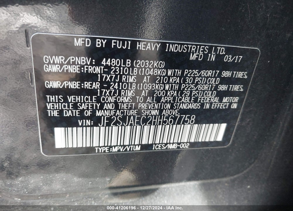 2017 SUBARU FORESTER 2.5I PREMIUM VIN: JF2SJAEC2HH567758