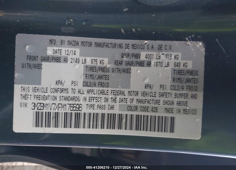 2015 MAZDA 3 I TOURING VIN: 3MZBM1V7XFM176596