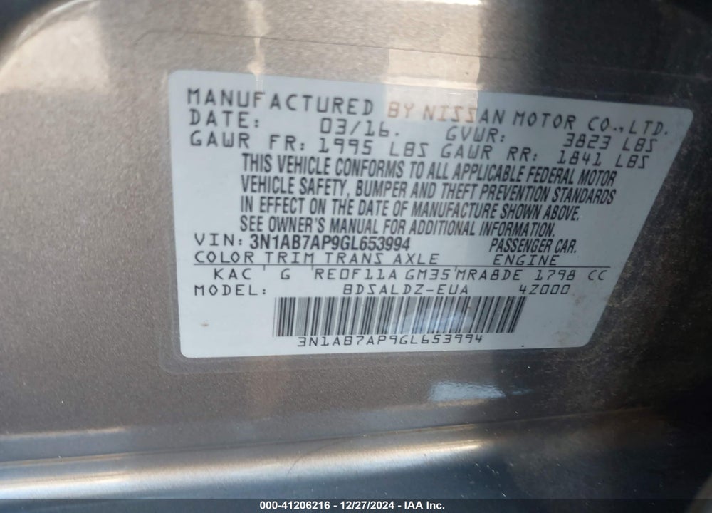 2016 NISSAN SENTRA SV VIN: 3N1AB7AP9GL653994