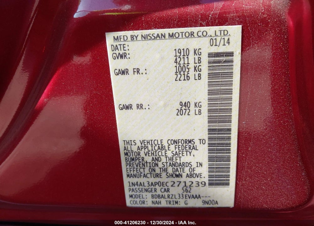 2014 NISSAN ALTIMA 2.5/2.5 S/2.5 SL/2.5 SV VIN: 1N4AL3AP0EC271239