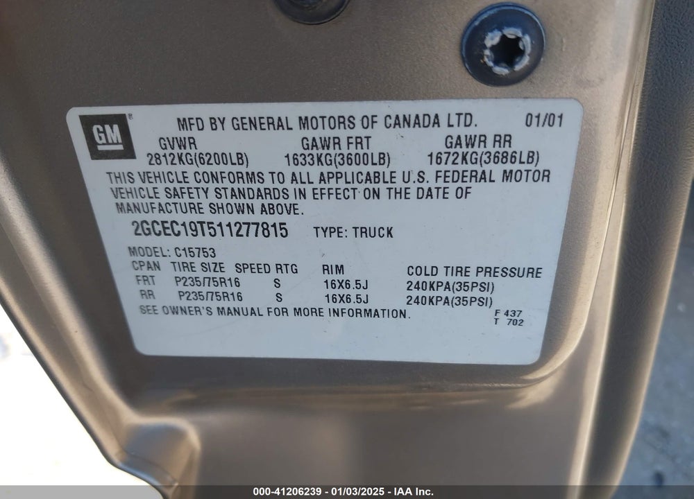 2001 CHEVROLET SILVERADO 1500 LS VIN: 2GCEC19T511277815