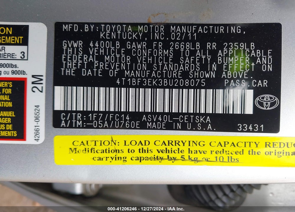 2011 TOYOTA CAMRY SE VIN: 4T1BF3EK3BU208075