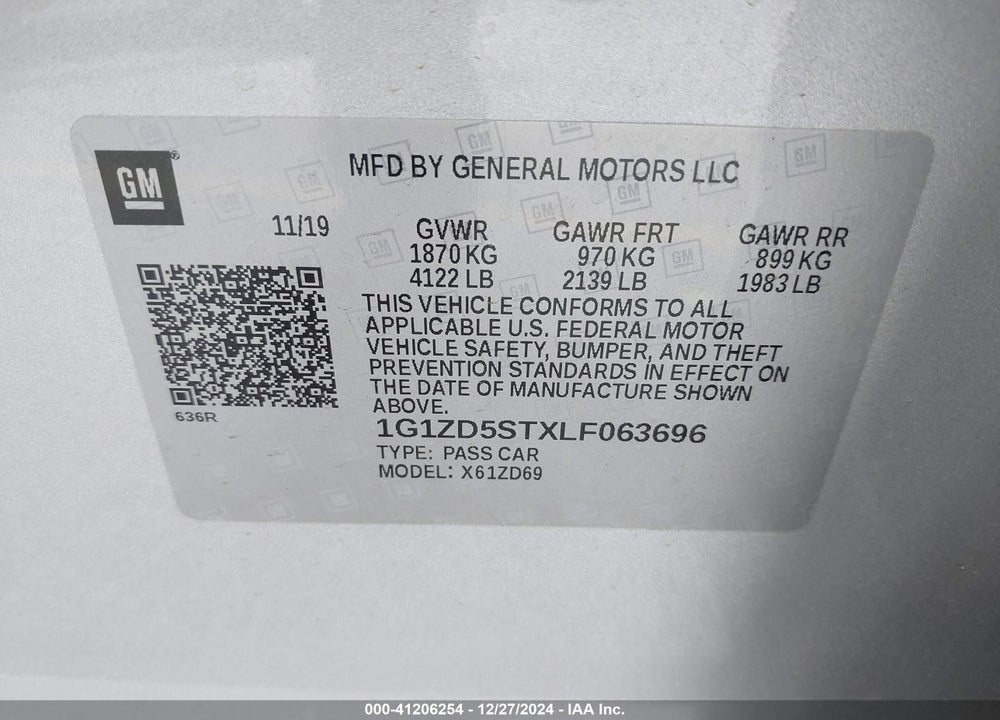 2020 CHEVROLET MALIBU FWD LT VIN: 1G1ZD5STXLF063696