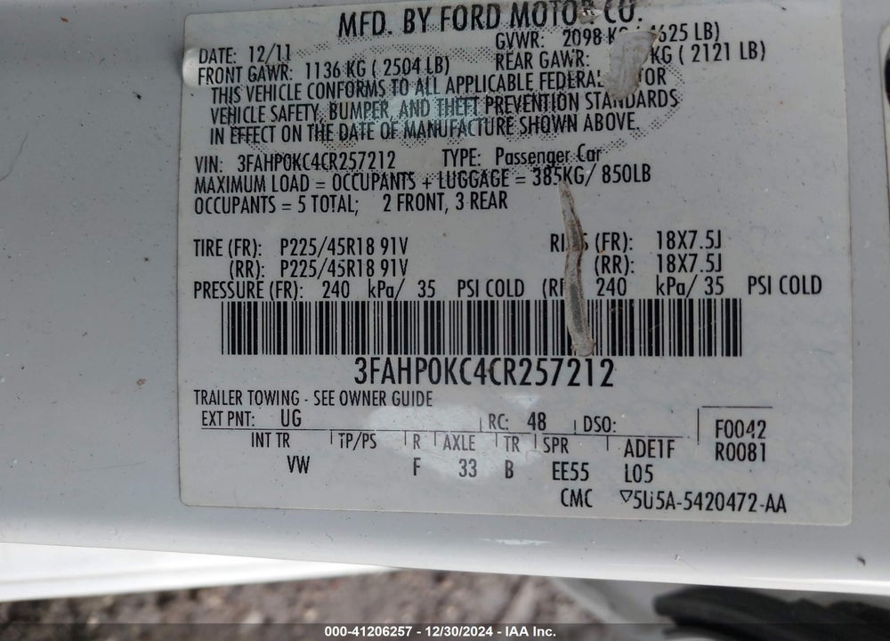2012 FORD FUSION SPORT VIN: 3FAHP0KC4CR257212