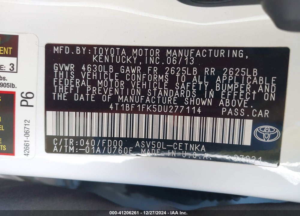 2013 TOYOTA CAMRY LE VIN: 4T1BF1FK5DU277114