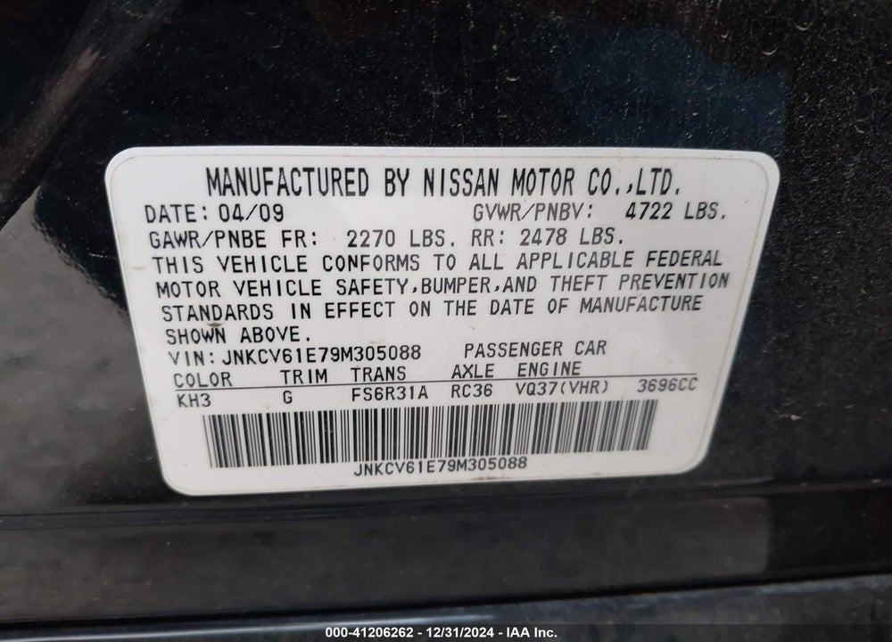 2009 INFINITI G37 VIN: JNKCV61E79M305088