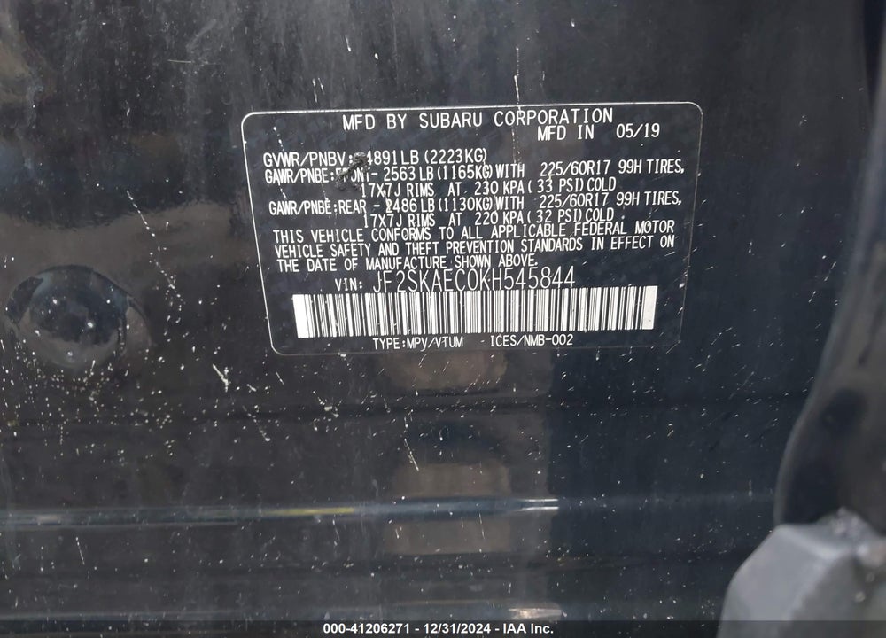 2019 SUBARU FORESTER PREMIUM VIN: JF2SKAEC0KH545844