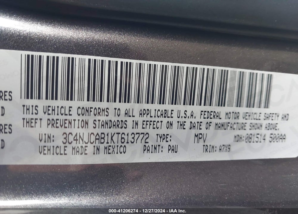 2019 JEEP COMPASS SPORT FWD VIN: 3C4NJCAB1KT613772